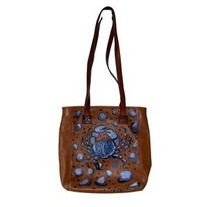 Nine West Leather Shoulder Bag Purse Hand Painted Blue Crab Coastal Marine Beach